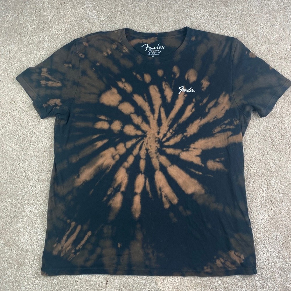 Lucky Brand Fender Shirt Mens Medium Black Orange Tie Dye Acid Wash Embroidered
